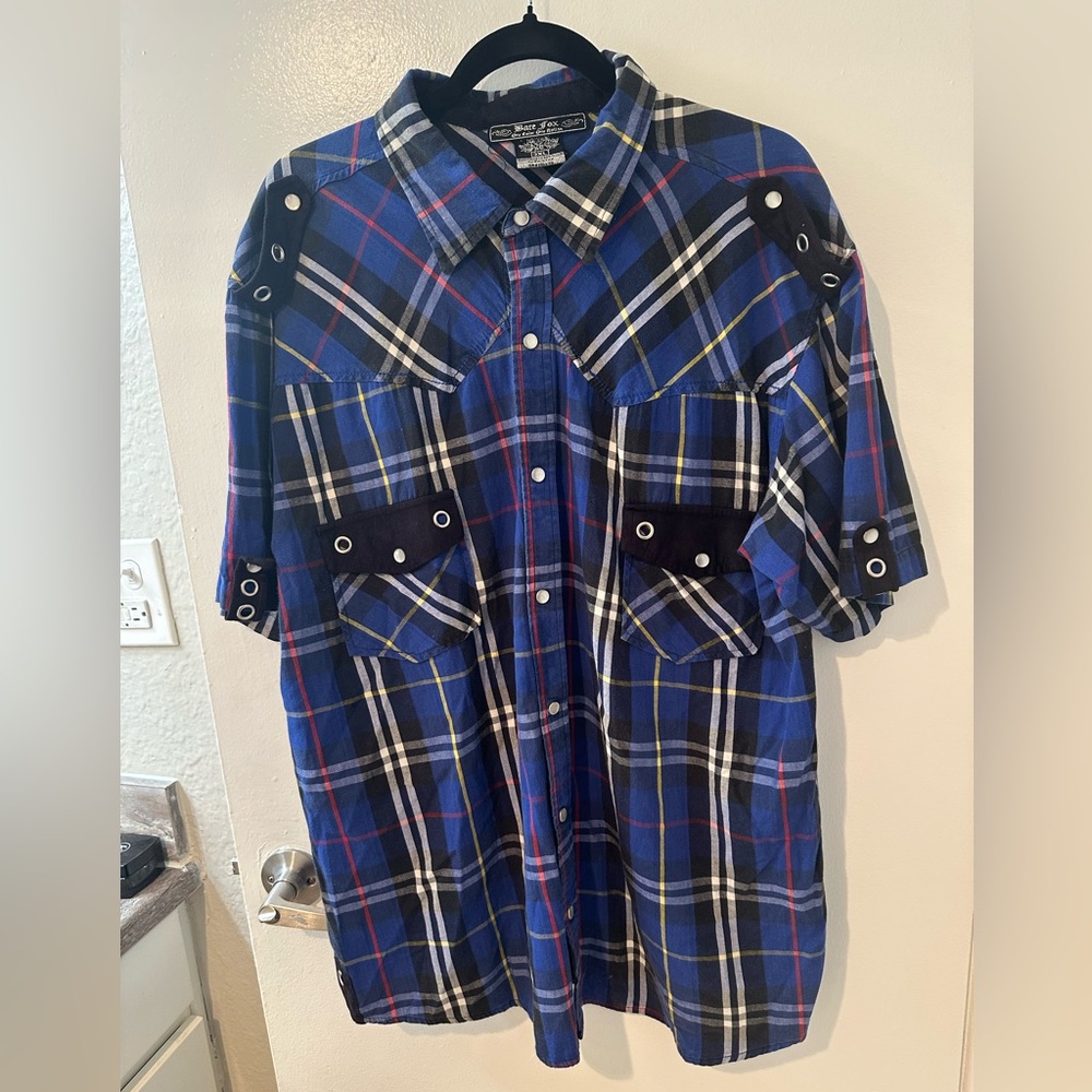 Men's Blue and Black Plaid Button-Down Shirt